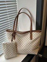 Monogram Tote Bag with Matching Pouch – Brown & Beige