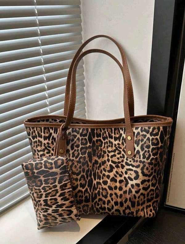 Monogram Tote Bag with Matching Pouch – Brown & Beige